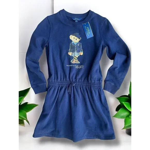 NWT, Girls Ralph Lauren Navy Sweatshirt Polo Bear Dress Size 12-14 - Picture 1 of 5
